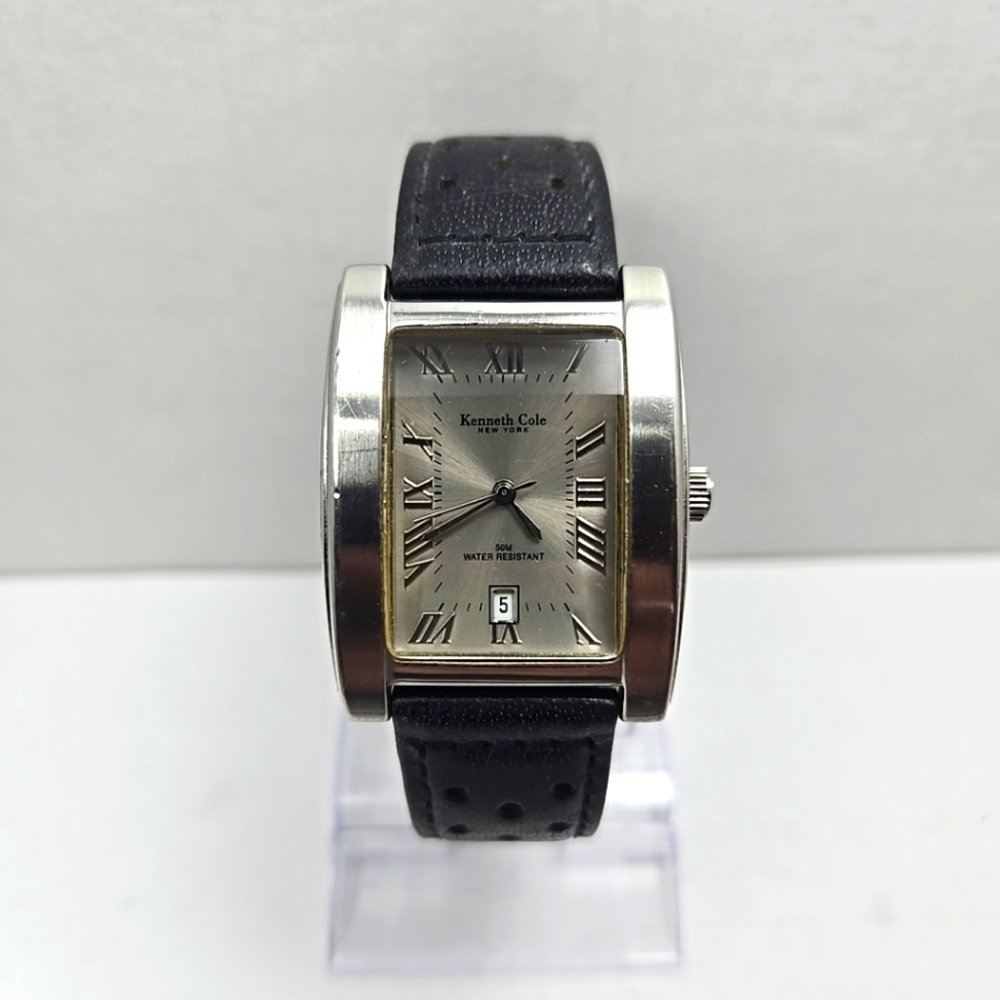 Mens Kenneth Cole Quartz Watch KC1084 Silver Barrel 50m Leather Date New Battery